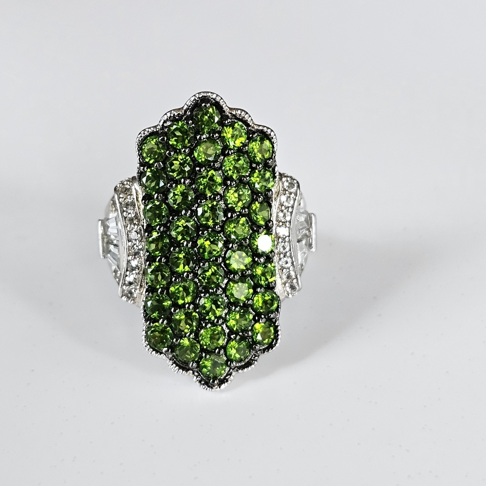Genuine Chrome Diopside & White Zircon Ring Rhodium Over Sterling Silver Sz 7!